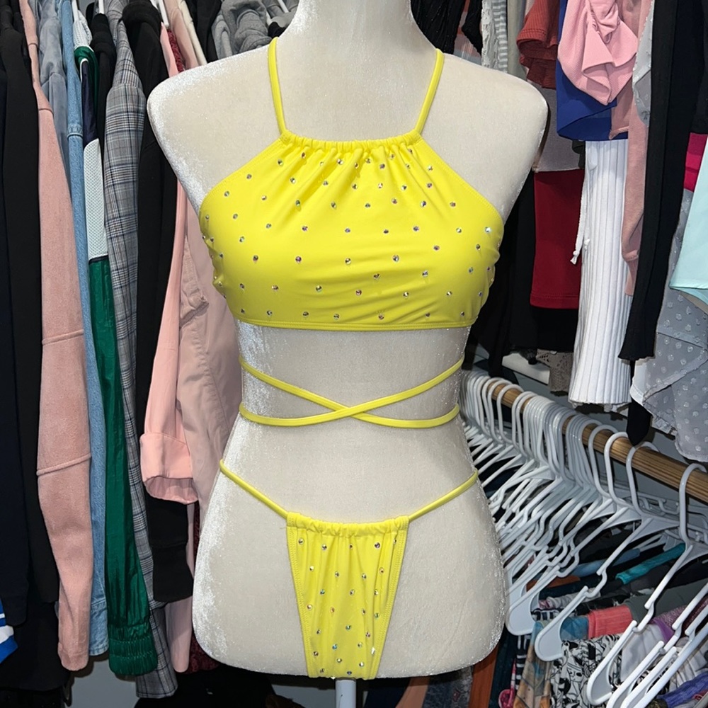 Yellow Bandeau bikini with added AB RHINESTONES. Size small. - Picture 4 of 9